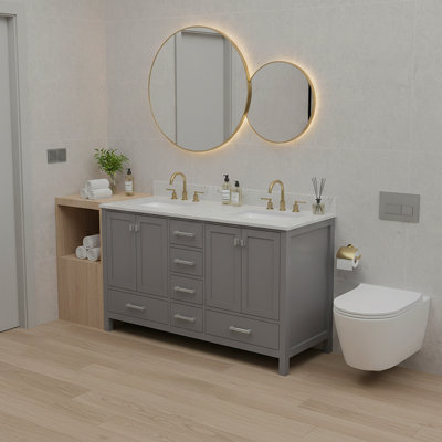 Meuble-lavabo 60 po, meuble-lavabo avec cadre en bois massif, comptoir autoportant avec 2 lavabos gris