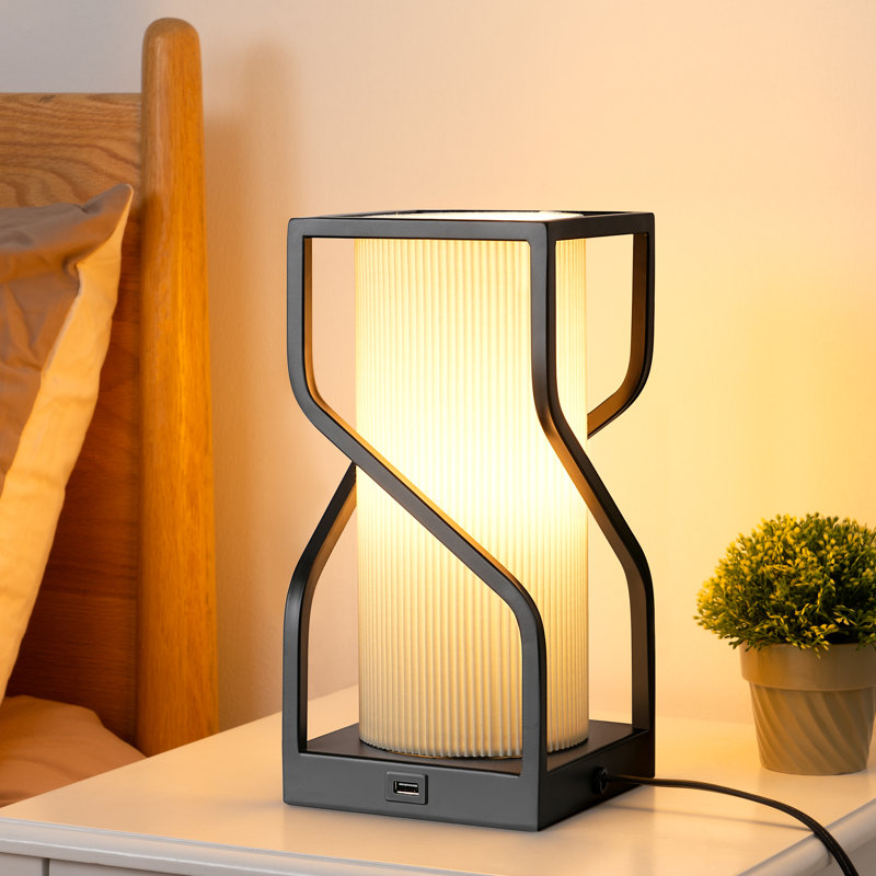 Burdena Metal Touch Control Table Lamp with USB and Bulb Included, White Crease