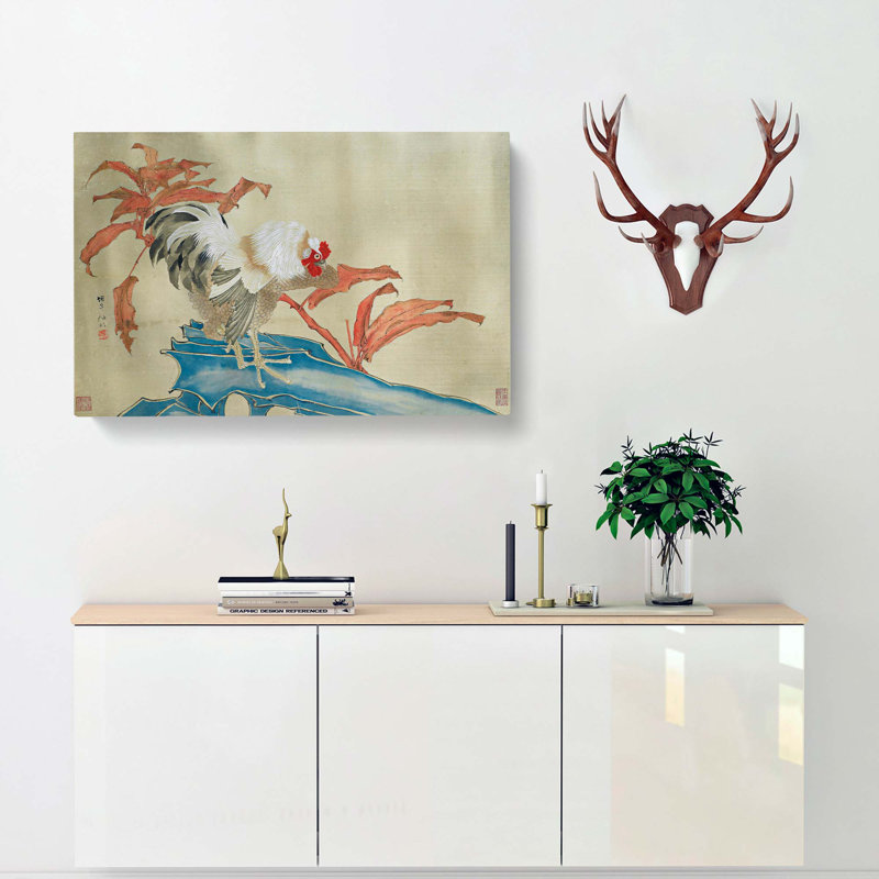 Rooster And Flowers - Wrapped Canvas Print, 50cm H x 76cm W x 3cm D