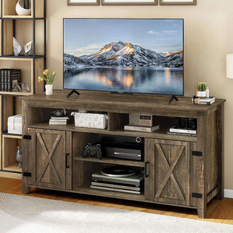 Riddick 59'' Farm House TV Stand with 2 Cabinets and Sound Bar for TVs up to 65", Vintage Brown