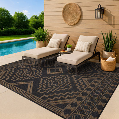 Geometric Border Dark Grey/Natural Easy-Care Jute-Style Indoor/Outdoor Flat Woven Area Rug