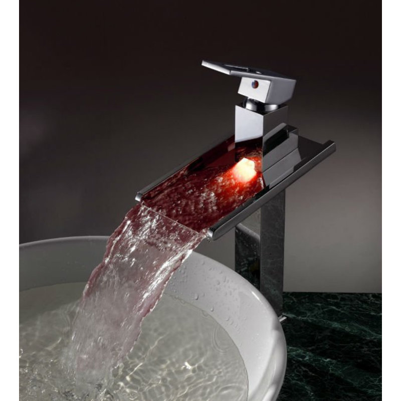 Juno Chrome Finish Solid Brass Deck Mounted LED Waterfall Basin Faucet Single Handle, Color Changing, Contemporary Design