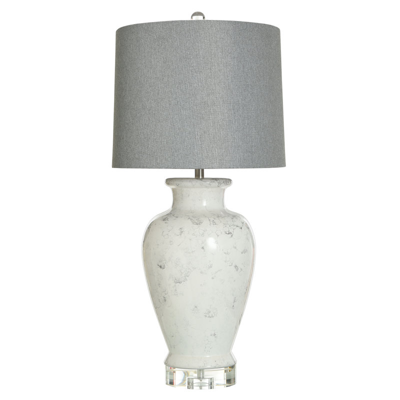 Lampe de table Tamicko - blanc - base en cristal - abat-jour rigide gris