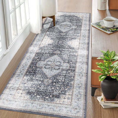 Tapis oriental lavable à la machine avec envers en caoutchouc pour le salon Tapis antidérapant pour salle à manger Tapis de sol facile à nettoyer pour la chambre à coucher