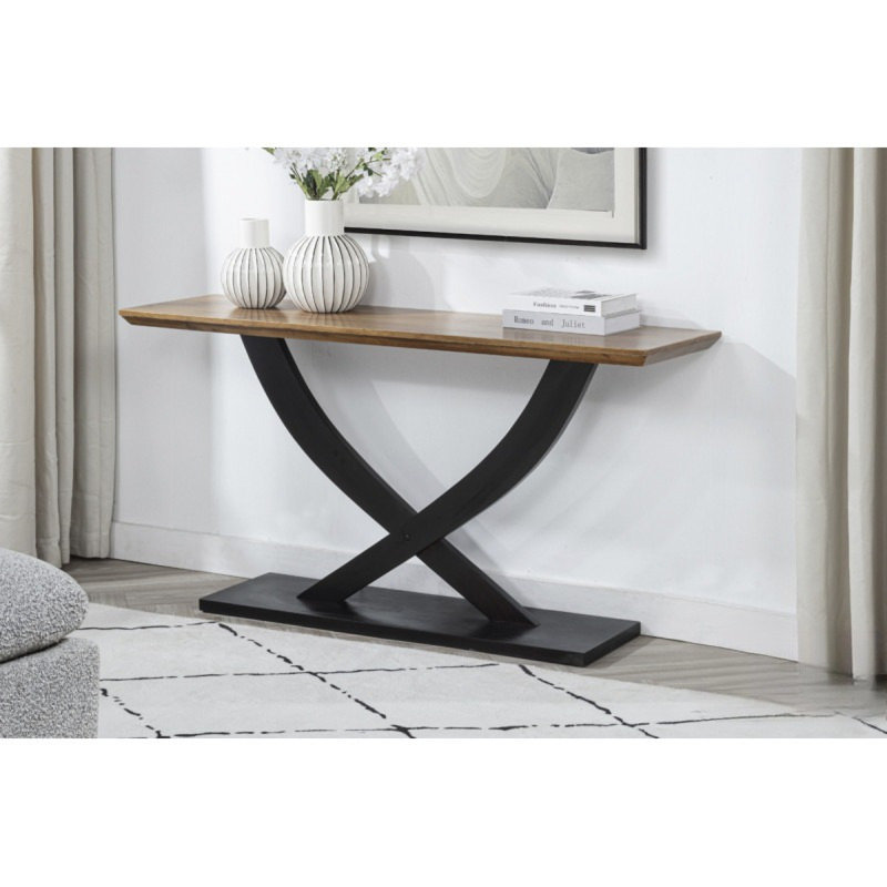 Table de salon en bois, canapé de style contemporain, table d'appoint avec pieds croisés, naturel / espresso