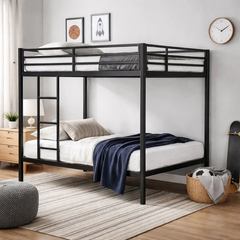 Ady Twin Over Twin Bunk Bed With Ladder And Guardrails, Black Metal Frame, Twin Over Twin