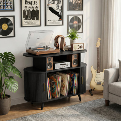 35 in Record Player Stand with Charging Station & USB Ports, Record Storage Cabinet with Fluted Sliding Doors, Audio Rack for Bedroom, Living Room, Black