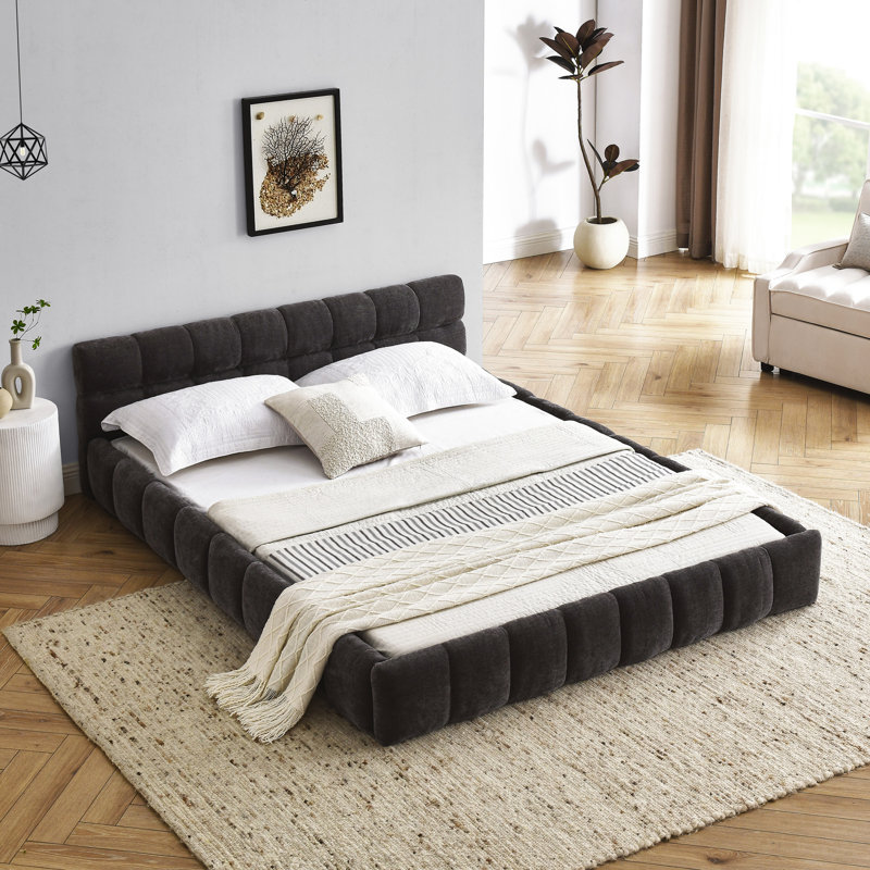 Dark Grey Queen Bed, Chenille Upholstery, Solid & Frame, No Box Spring For Bedroom Use Size Platform Bed With Fabric, Grey, Modern Style, Comfort
