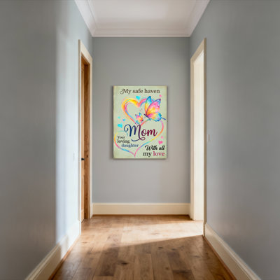 «Butterfly Heart Mom Love», reproduction d'art sur toile tendue sur toile avec texte pour cadeau de fête des Mères