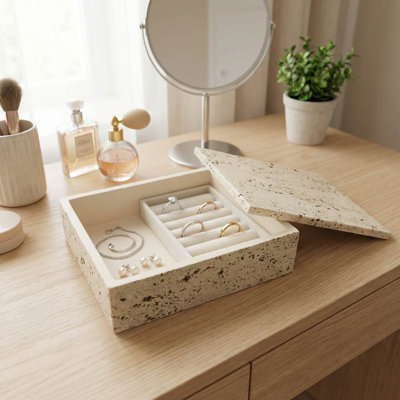 Faux  Stone Resin Rectangle Jewelry Box with Velvet-Lined Interior Storage Trays& Decorative box