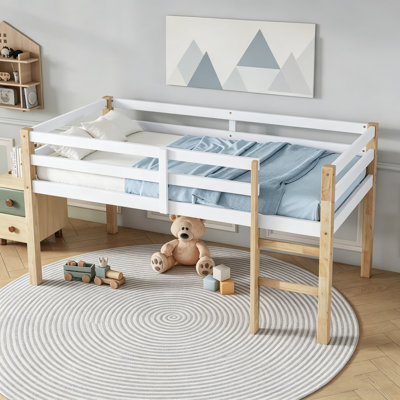 Base de lit mezzanine basse, plateforme de lit avec barrières de sécurité et échelle, lit en bois massif, aucun sommier requis, simple et double