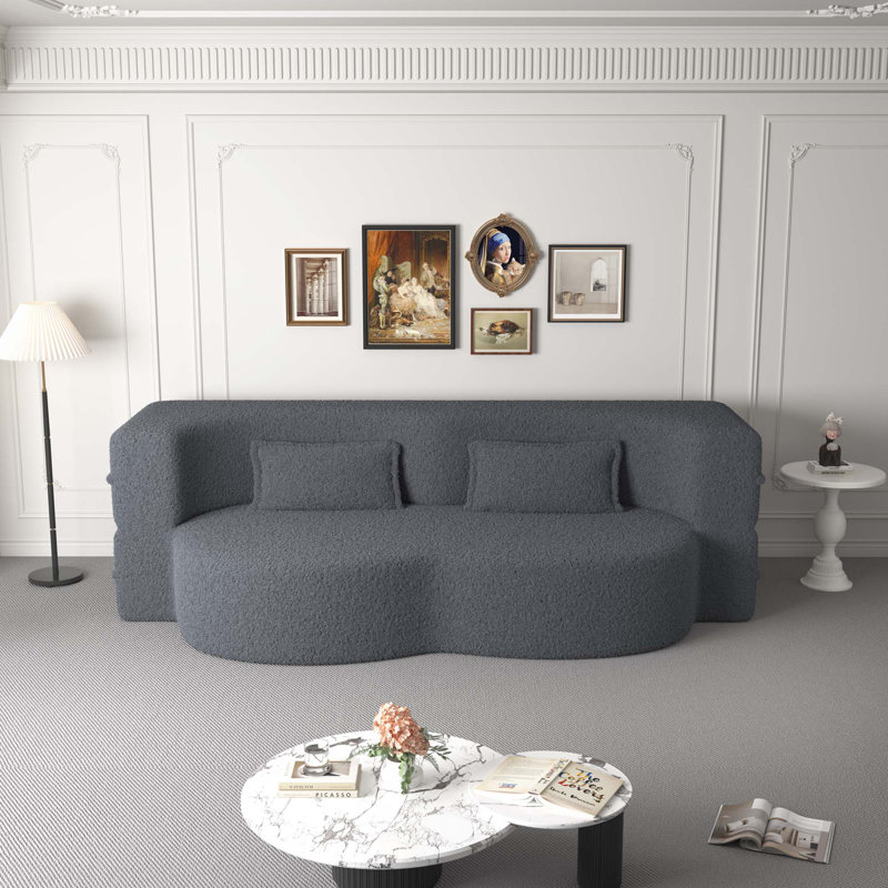 Canapé de sol avec 2 coussins, tissu convertible en peluche, Gris