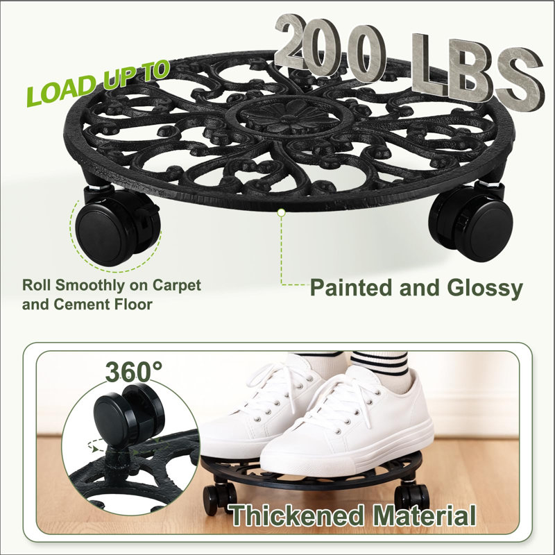 Support à plantes roulant de 27,7 cm (10,9 pouces) en fer forgé, robuste, lot de 1, noir, H 2,56 po x l 10,9 po x P 10,9 po