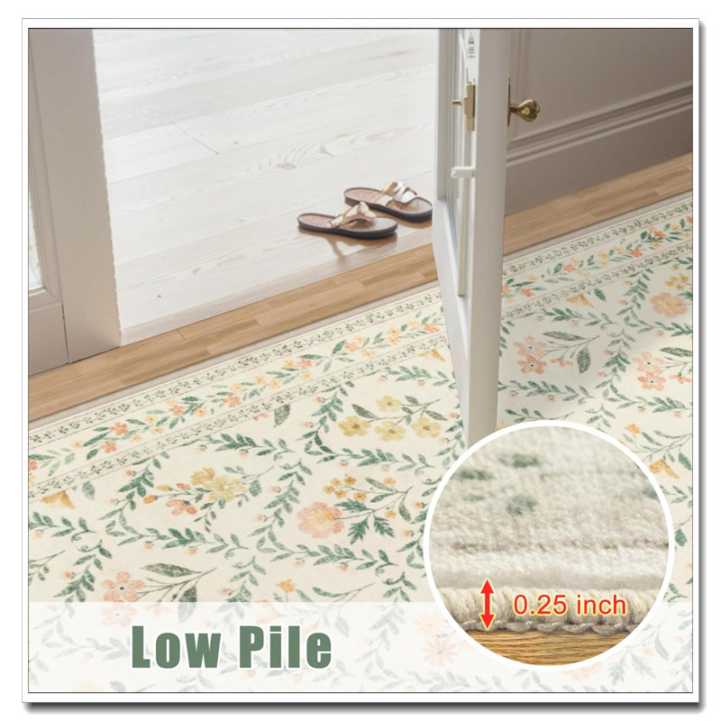 Runner Rug 2X6 Beige/Multi, Floral Non-Slip Washable -Thin Soft Indoor Carpet, Stain Resistant Floor Rug For Entryway Hallway Bedroom Kitchen Laundry Bathroom Dorm