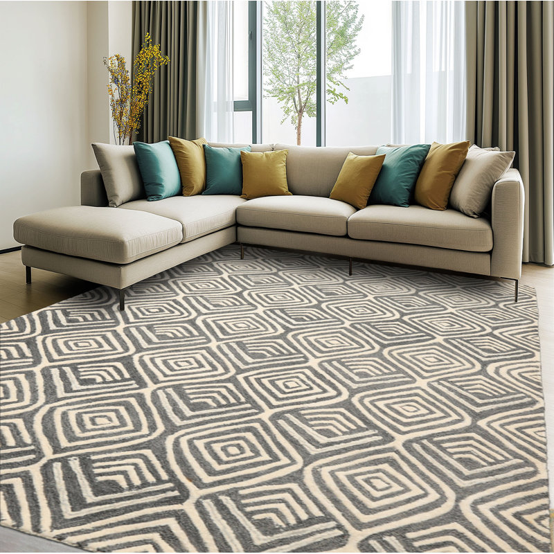 Tapis oriental en laine gris 5 x 8 motif géométrique moderne touffeté à la main