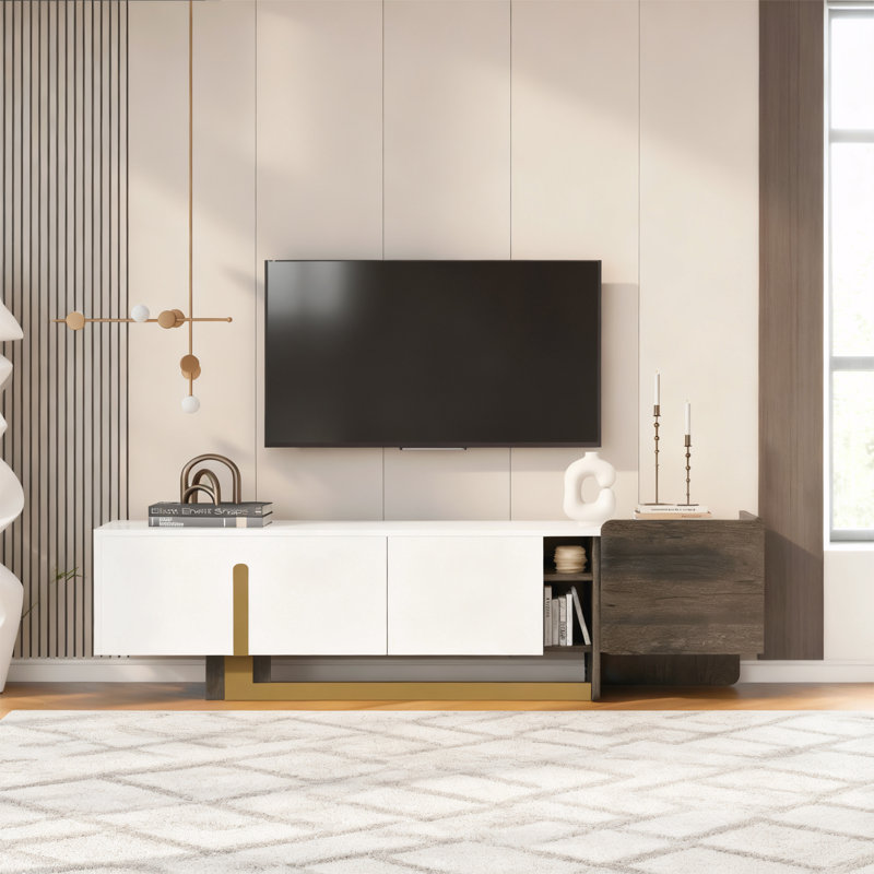 Meuble télé avec 1 tiroir, 2 armoires, tablettes réglables et pieds en métal, Blanc