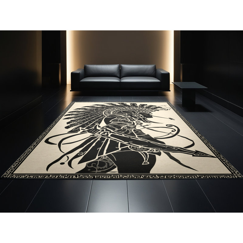 Soft Plush Duren Obsidian Blade Warrior Classic Damask Area Rug in Beige – Black Binding, 3x5