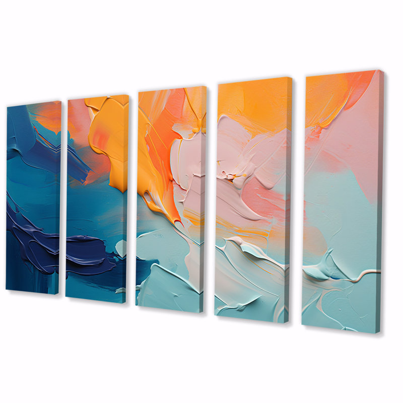 «Blue and Orange Paint Abstract Expression II», peinture abstraite, art mural 5 pièces, H 32 po x l 80 po