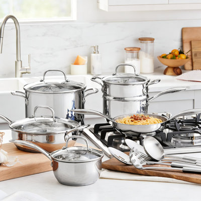 15-Piece Stainless Steel Cookware Set With Aluminum Core For Even Heating, Induction Compatible, Oven Safe To 500°F, Stay-Cool Handles And Tempered Glass Lids
