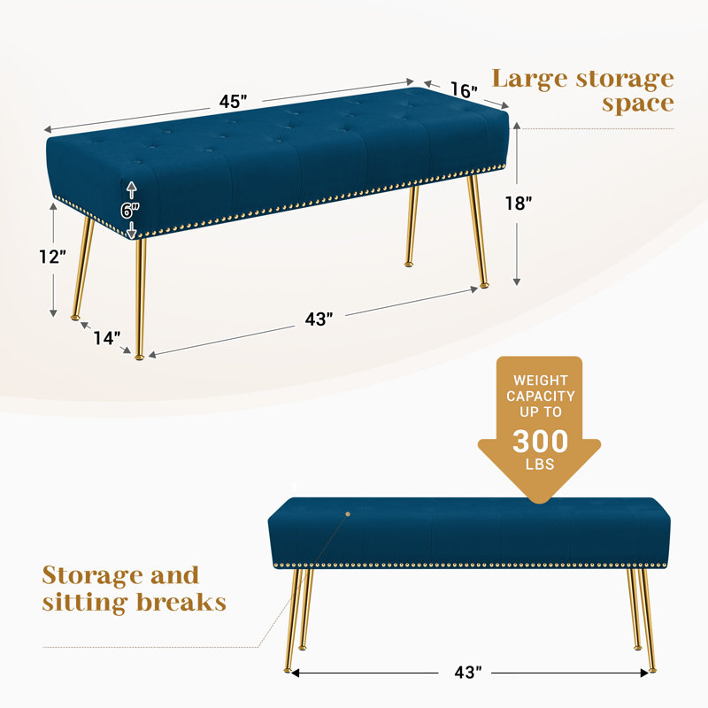 Banc rembourré en velours Chereese, Bleu marine