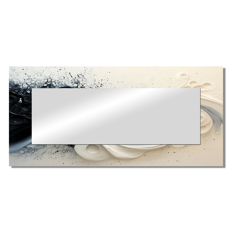 Noir et blanc spirale encre rythmique rivière II - miroir mural peinture goutte à goutte - imprimé sur métal, 28 po x 60 po
