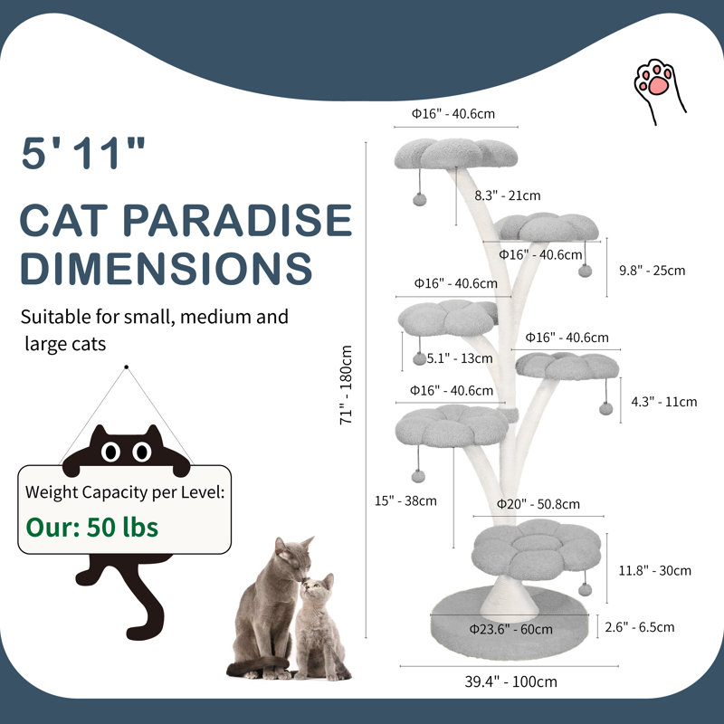 Tour pour arbre à chat 71 po avec plateforme multi-niveaux et poteaux à griffer 71 po - gris, Gris