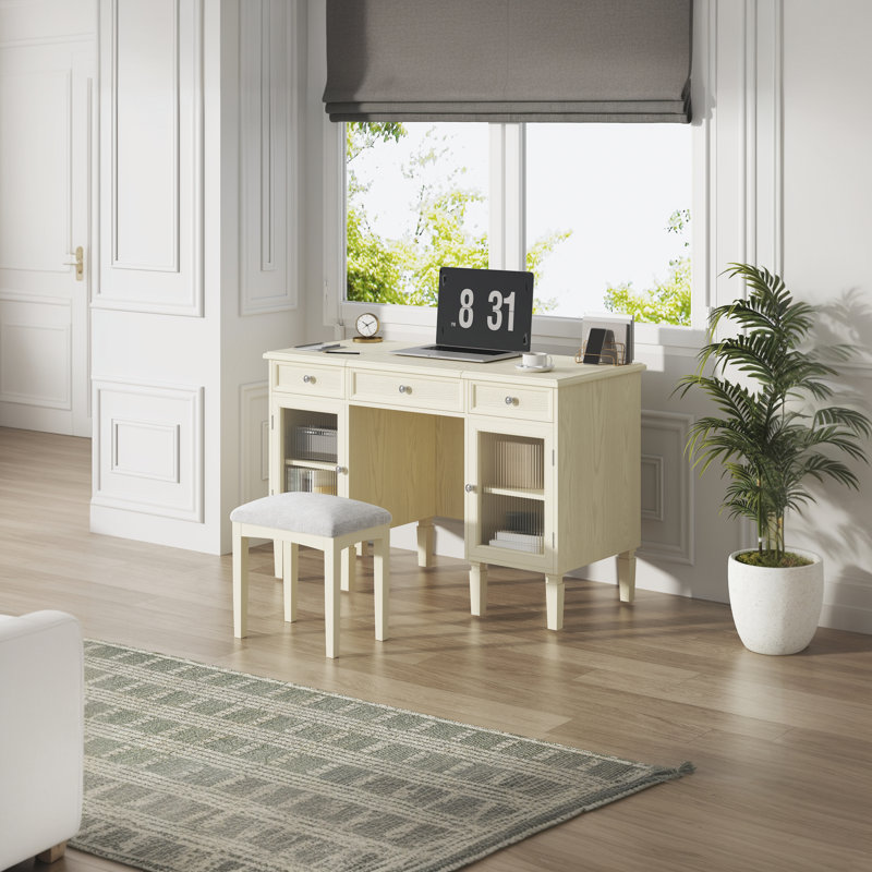 Ensemble de bureau de meuble-lavabo à miroir 2-en-1 avec tiroir, armoire et tabouret - Multifonctionnel pour le bureau, la chambre à coucher, le salon?