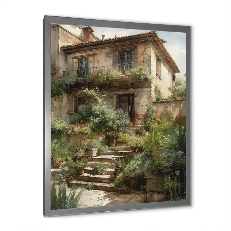 Rustic Stairway Entrance To Country Cottage sur impression sur toile, H 20 po x l 12 po x P 1 po, Cadre photo argenté