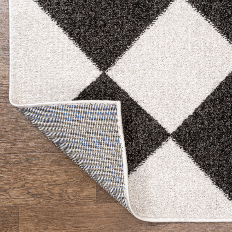 Utgard Classic Geometric Diamond Pattern White/Charcoal Rug, Runner 2' x 8'
