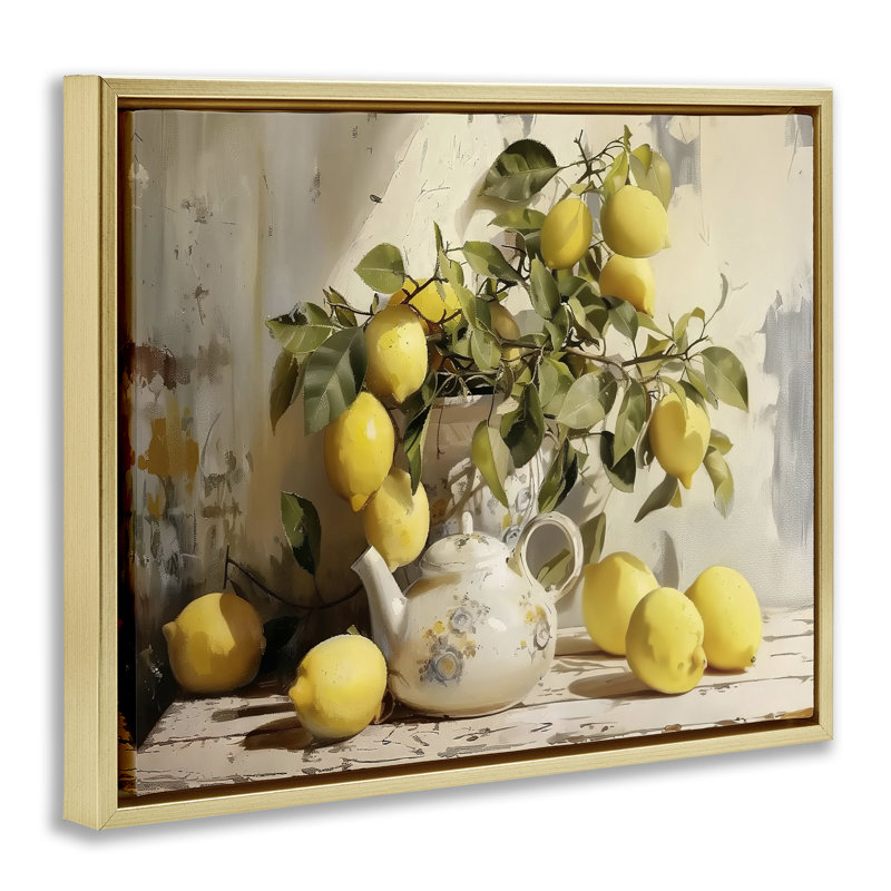 Cadre flottant Lemon Still Life avec théière, design par LSR Design Studio, 17 x 21, Metallic Gold Floater Framed