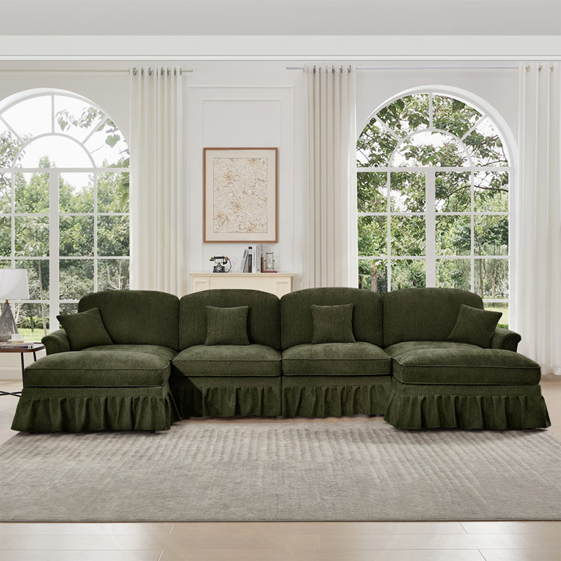 Élégant canapé Mid-Century à 4 places avec 2 repose-pieds, H 36,6 po x l 137,8 po x P 55,1 po, Vert