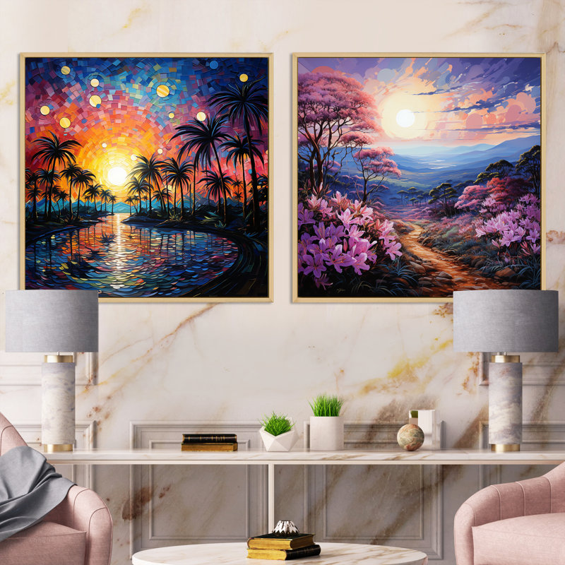 Palmiers - pointillisme coloré - ensemble de 2 collages carrés de paysages abstraits, Cadre flottant brun, H 16 po x l 33 po