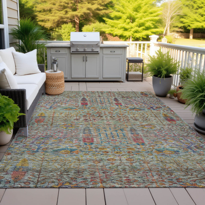 Machine Washable Indoor/Outdoor Xhevrie Green Rug, Rectangle 2'6" x 3'10"