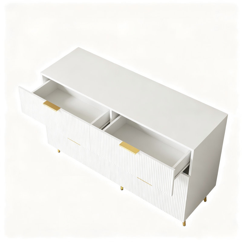 Modern Fluted 6-Drawer Standard Accent Cabinet with Gold Handles Storage Sideboard, White