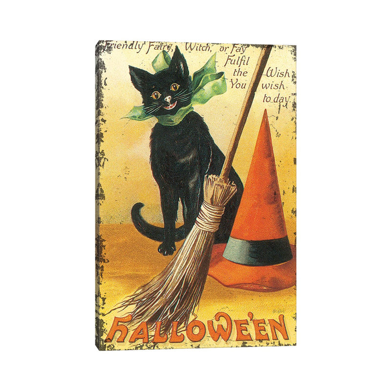«Halloween Nostalgia Cat with Broom» - reproduction d'art murale - toile tendue