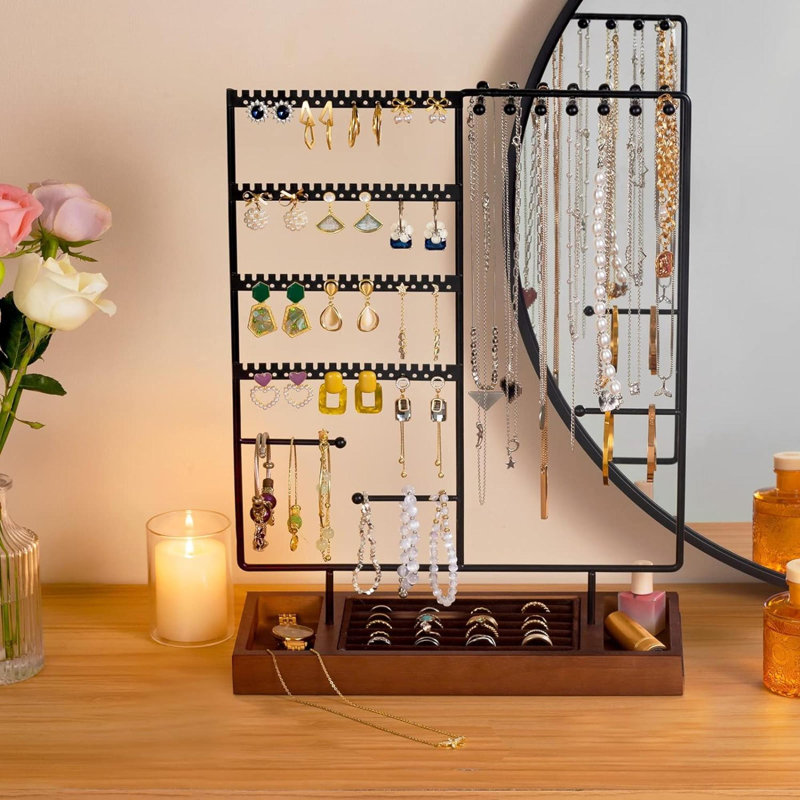 Organisateur de bijoux avec support à boucles d'oreilles et plateau à bagues en bois amovible - Noir
