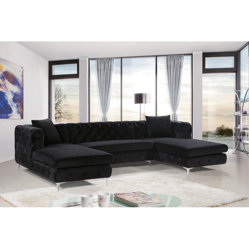 Miranda Velvet U-Shaped Sectional Symmetrical, Black Velvet