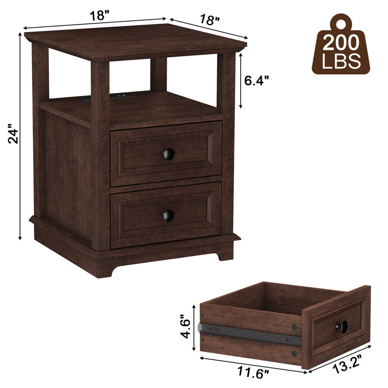 Cherry MDF End Table Set with Storage and Built-In Outlets