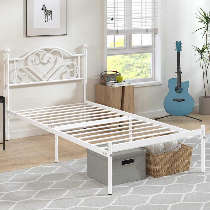 Lit plateforme en métal avec tête de lit, Blanc, Simple