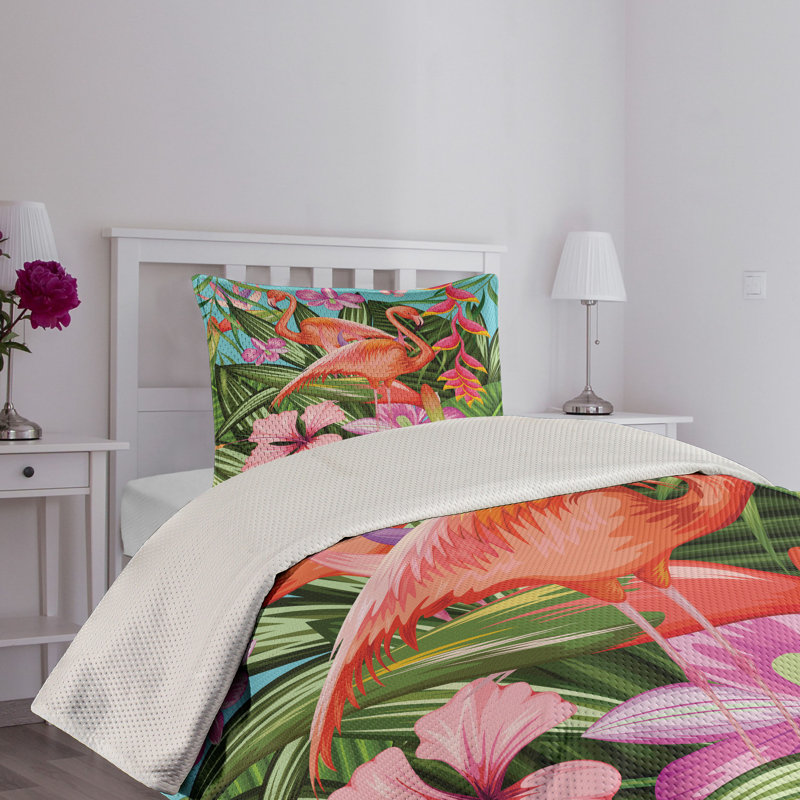 Tropical Flamingo Green Polyester Twin Bedspread Set