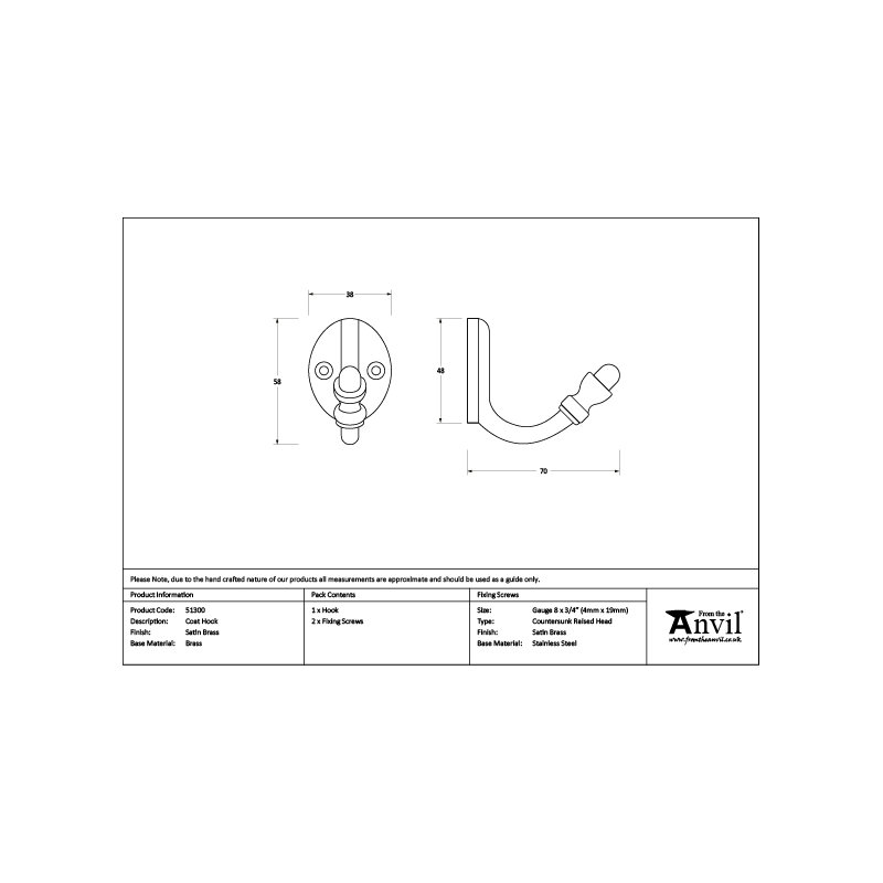 Brass Wall Hook, Satin Brass