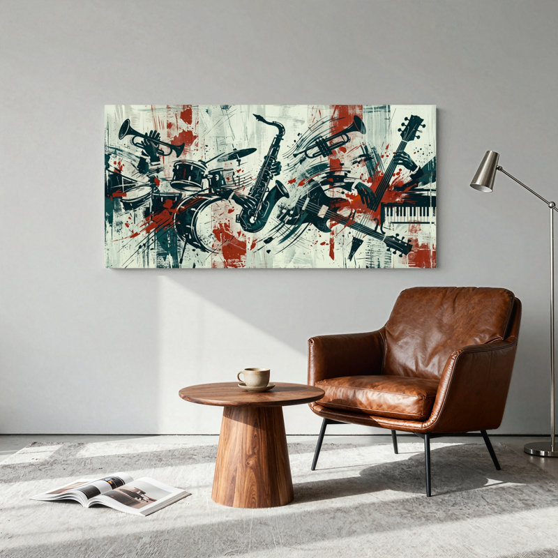 Ensemble de 1 tableau sur toile représentant des instruments de musique, L 32 po x H 16 po, Toile tendue