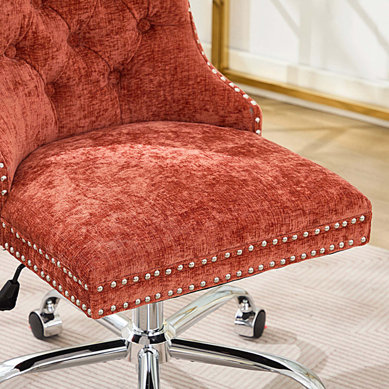 Chaise de bureau moderne rembourrée capitonnée à boutons en chenille, chaise de bureau pivotante réglable, Orange