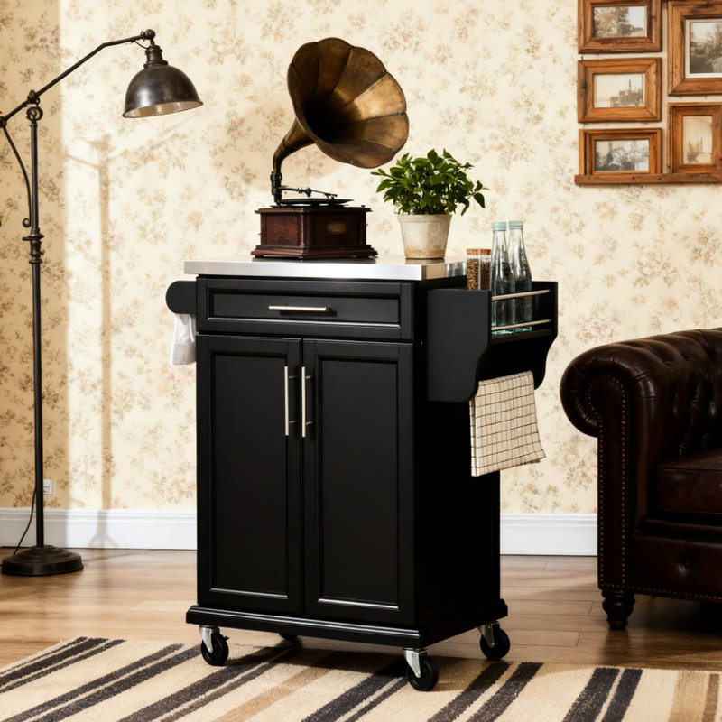 Chariot de cuisine avec roulettes et comptoir en acier inoxydable, tiroir pour petits appareils, porte-épices, porte-épices, mobilité pratique, noir, L 33 po x l 18 po l 35,75 po H, surface de chariot à 2 niveaux