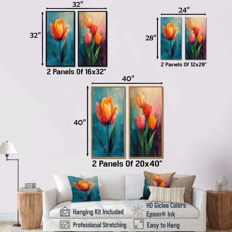 Ensemble de 2 tulipes orange et orange vif, H 32 po x l 32 po, Toile tendue encadrée, Ne s’applique pas