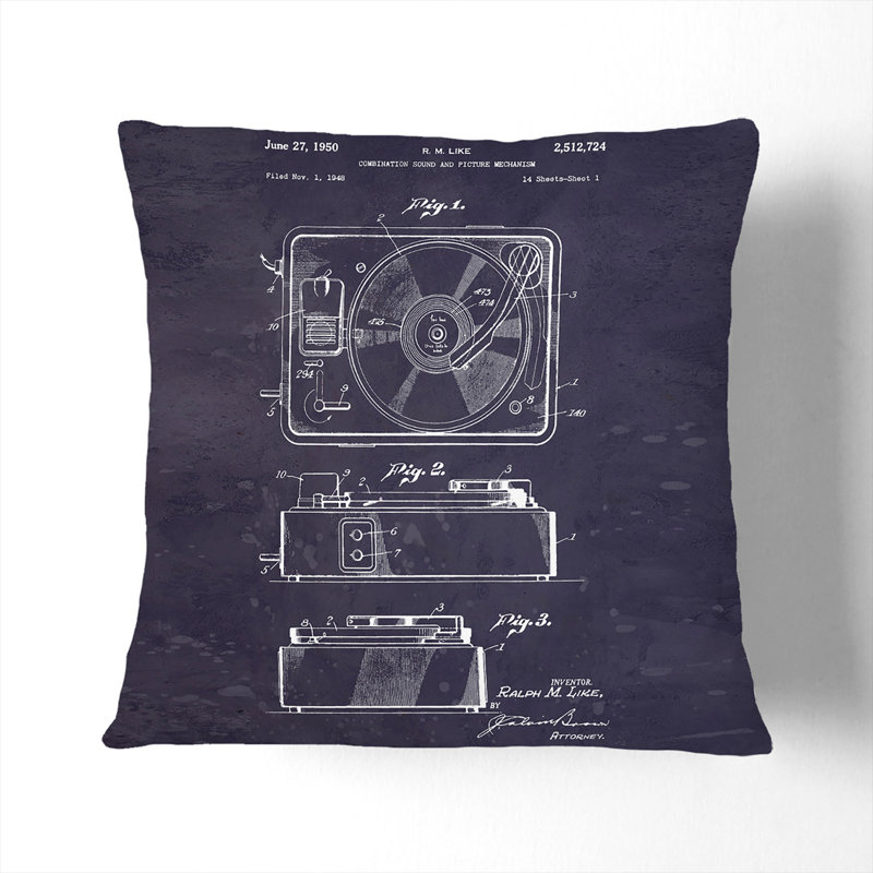 Record Player Patent Square Throw Cushion, 55cm H x 55cm W x 20cm D, White