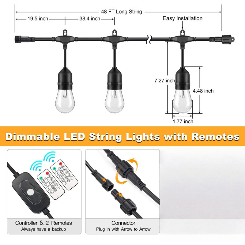 Guirlande de 48 lumières à 3 lumières à intensité variable avec télécommande, imperméable pour patio