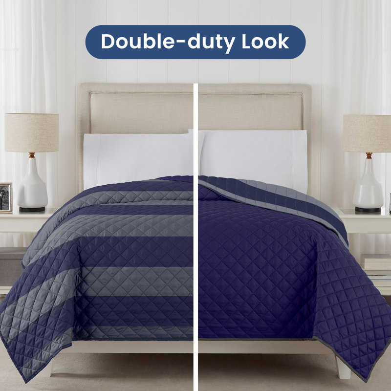 Martex Reversible Coverlet, Twin, Graphite/Navy Rugby Stripe