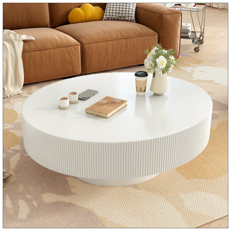 31.5" Round Drum Coffee Table For Livingroom, Easy Assembly , White