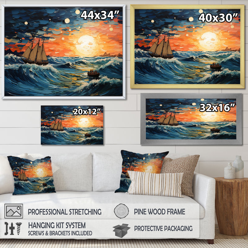 «Teal Orange Ocean Oceanic Odyssey Patchwork» sur toile, H 34 po x l 44 po x P 1,5 po, Cadre simple blanc